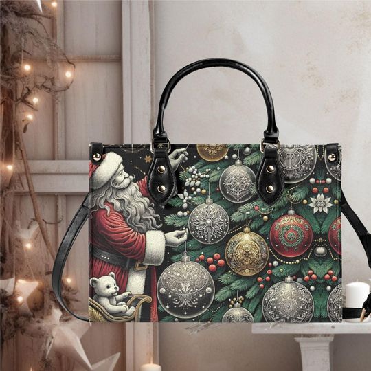 Luxury Women leather Handbag tote beautiful Christmas silver and red Holiday Santa Claus  winter whimsical season design purse 3 size