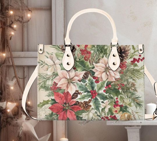 Luxury Women leather Handbag tote beautiful Christmas Holiday flower floral  Poinsettia pink greenery pinecone  design purse 3 size