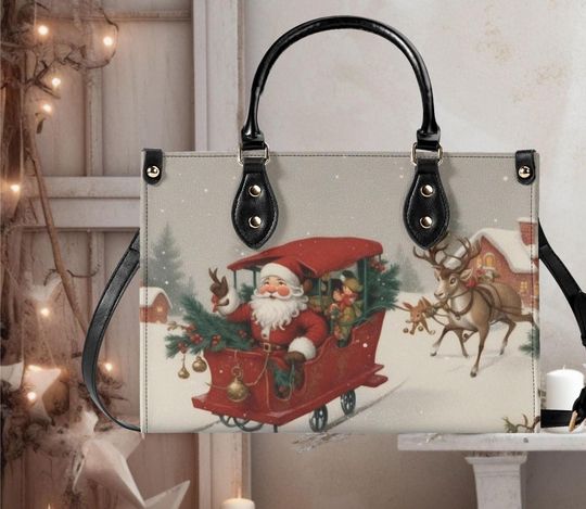 Luxury Women leather Handbag tote Christmas Holiday Santa Claus sleigh reindeer fun in the snow winter whimsical design purse