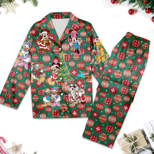 Santa Mickey Mouse Pajamas Set, Mickey & Friends Christmas Women Pajamas, Minnie Donald Goofy Button Up Shirt, Xmas Magic Kingdom Shirt