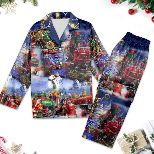 Train to Christmas Pajamas Set, Train Christmas Holiday Pajamas Women, Train Xmas Party Shirt, Santa Clause 3D All Over Print Shirt