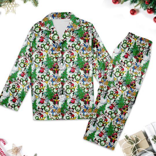 Mickey & Friends Christmas Pajamas Set, Mickey Mouse Button Up Shirt, Minnie Mouse Christmas Pajamas Women, Mickey Xmas Party Tee