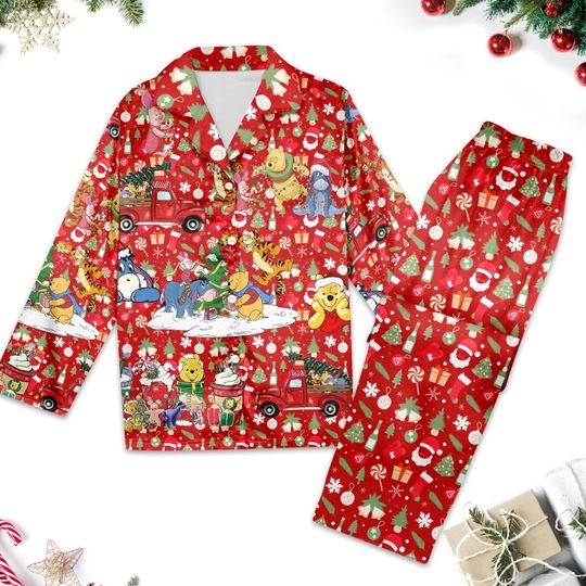 Winnie the Pooh Christmas Pajamas Set, Pooh & Friends Santa Hat Women Pajamas, Eeyore Xmas Party Button Up Shirt, Magic Kingdom Shirt