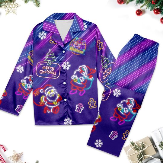 Santa Neon Light Christmas Pajamas Set, Santa Claus Button Up Shirt, Santa Women Pajamas, Xmas Party Gift, Santa 3D All Over Print Shirt