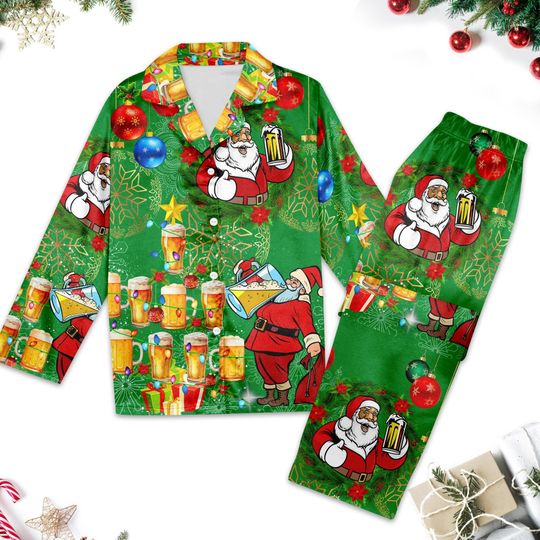 Christmas Santa Drinking Beer Pajamas Set, Santa Claus Button Up Shirt, Santa Claus Women Pajamas, Santa Xmas Party All Over Print Shirt