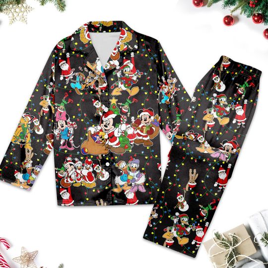 Santa Mickey Mouse Pajamas Set, Mickey And Friends Christmas Light Pajamas Shirt, Minnie Goofy Donald Xmas Party Gift, Magic Kingdom Shirt