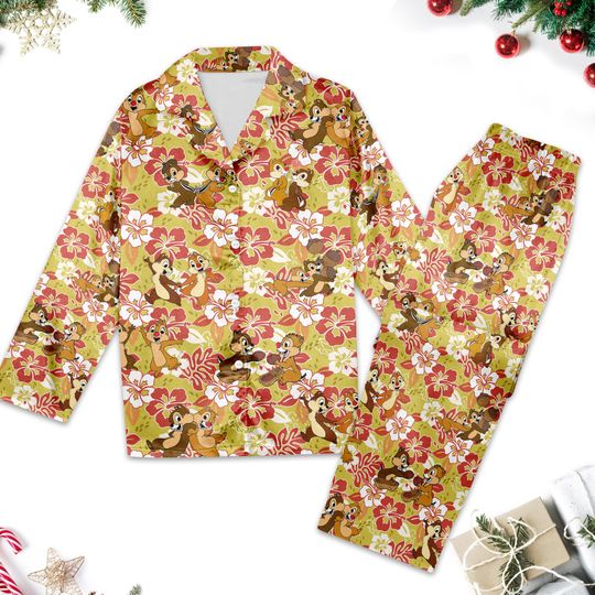 Floral Chip n Dale Pajamas, Chip Dale Pajamas Set, Cartoon Character Button Up Shirt, Magic Kingdom Shirt, Family Trip T-Shirt