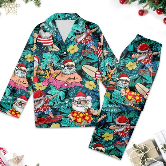Tropical Santa Aloha Christmas Women Pajamas, Santa Claus Button Up Shirt, Santa Claus Xmas Pajamas, Xmas Holiday Party Gift