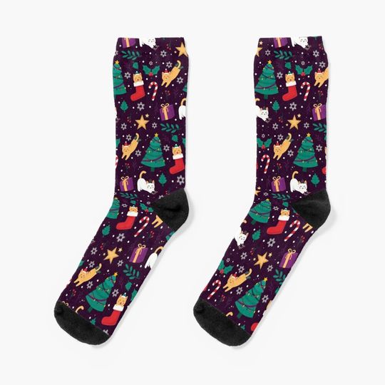 Cute Cats Christmas Tree Pattern Socks