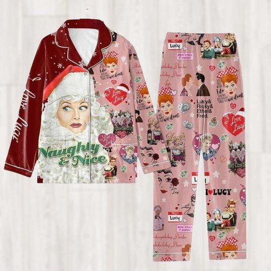 I Love Lucy Christmas Pajamas, I Love Lucy Xmas Pajamas Set, Naughty And Nice Pjs Christmas, I Love Lucy Santa Pj Set, Christmas Gift
