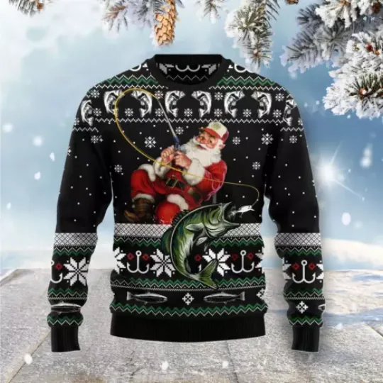 Santa Claus Fishing Merry Ugly Christmas Sweater, Gift For Her Him Size S-5XL