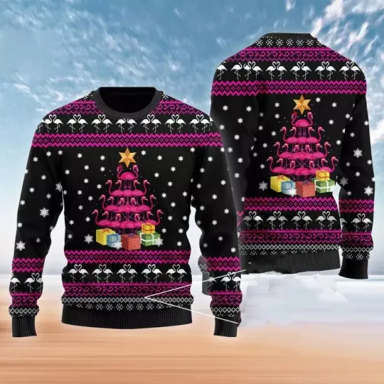 Funny Flamingo Tree Ugly Christmas Sweater (AOP) Size S-5XL