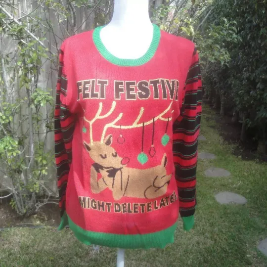 Christmas Holiday Red Reindeer Festive Sweater Mighty Fine Medium