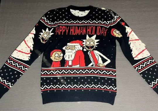 RICK and Rickandmorty Mens LG UGLY Christmas Sweater HAPPY HUMAN HOLIDAY NWOT AdultSwim
