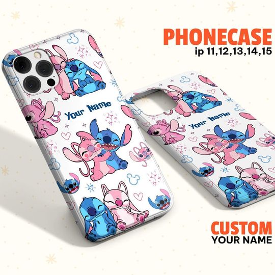 Custom Disney Friends Stitch and Angel Colorful Phonecase, Personalied Disney Phonecase, Birthday Gift, Cartoon Lover Phonecase