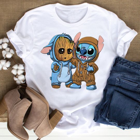 Stitch And Groot Friends T-Shirt, Stitch Movie Shirt, Cute Stitch And Groot Character Shirt, Gifts For Friends, Birthday Party Shirt