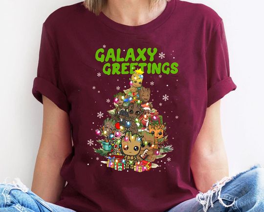 Groot Christmas Tree | Retro Marvel Galaxy Greeting T-shirt | Groot Christmas Light Tee | Magic Kingdom Shirt