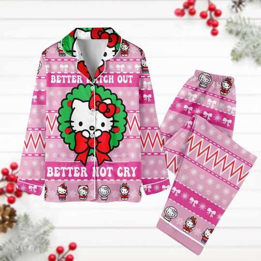 Hello Kitty Pajamas, Santa Hello Kitty Pjs Christmas, Christmas Gift, Kitty Shirt, Hello Kitty Gift, Girls Christmas Pjs, Gift For Her