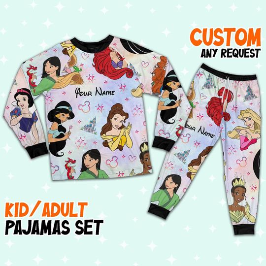 Custom Disney Princesses Colorful Pajamas, Custom Kid Youth Adult Pajamas, Pajamas Birthday Gift, Disney Vacation