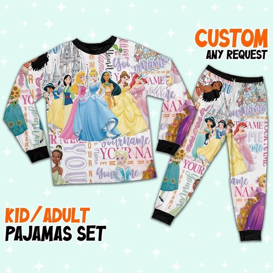 Personalized Watercolor Disney Princess Cute Pajamas, Merry Christmas Disney Girl Trip, WDW Disneyland Christmas Birthday Girl Tee