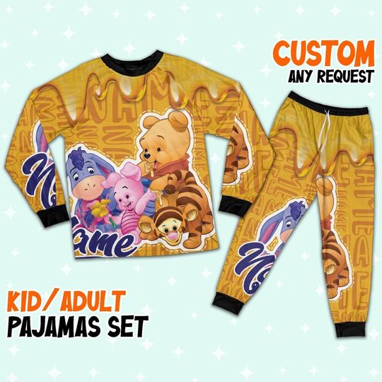 Personalized The Pooh Honey Pajamas Set, Eeyore Christmas Long Pajamas, Tigger Family Matching, Pooh Christmas Party Shirt
