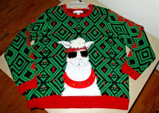 Men's Ugly Christmas Sweater Llama with Sunglasses Bells Size XXL (50-52)