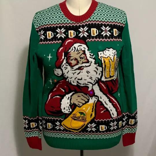 Ugly Christmas Sweater Drinking Santa Beer Mug Green Light Up MENS Womens S