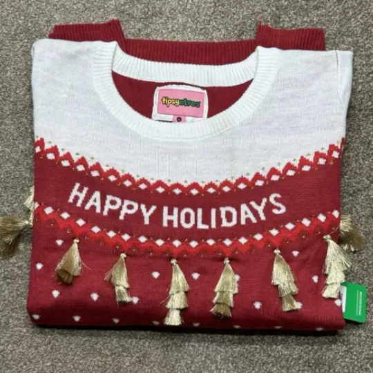 Tipsy Elves Womens Ugly Christmas Sweater   XL Happy Holidays Tassel Red Holiday