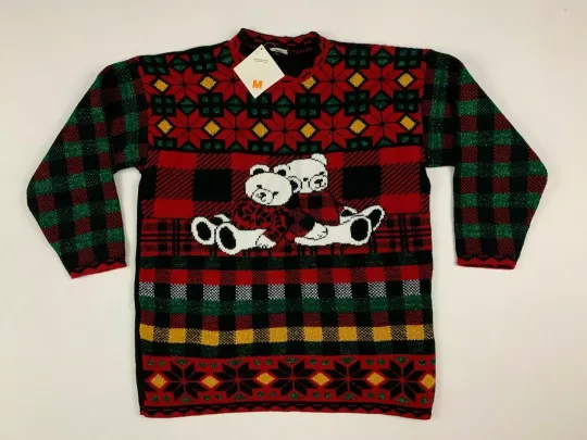 Vintage Holiday Time Teddy Bears Plaid Poinsettia Ugly Christmas Sweater Size M