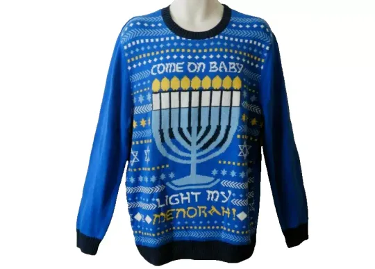 NOVELTY HOLIDAY MEN'S COME ON BABY LIGHT MY MENORAH SWEATER (OCEAN BLUE M )NWT