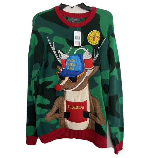 33 Degrees ugly Christmas Sweater Mens S camo 3D Pocket Brewdolph Santas Squad