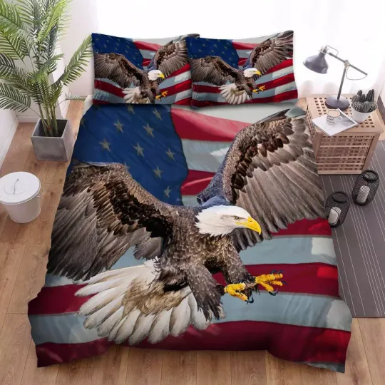 The Wild Animal Bald Eagle Usa Flag Photo Quilt Duvet Cover Set Kids Bedclothes