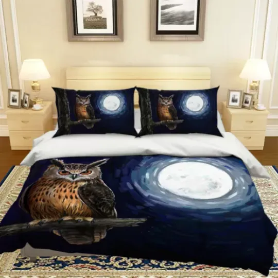 3D Moon Owl N1314 Animal Bed Pillowcases Quilt Duvet Cover Queen King Fay