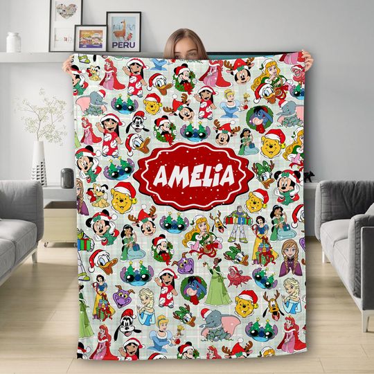Personalized Mickey Mouse And Friends Xmas Blanket, Custom Name Stitch Pooh Princess Quilt Blanket, Magic Kingdom Fleece Blanket
