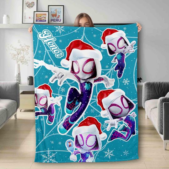 Personalized Spidey and His Amazing Friends Xmas Blanket, Superhero Blanket Christmas Gift, Gwen Ghost Spider Fleece Blanket Quilt