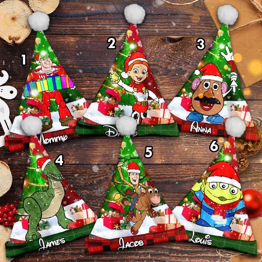Personalize Toy Story Characters Christmas Santa Hat, Woody Jessie Buzz Rex Potato Aliens Xmas Santa Hat, Custom Name Santa Claus Hat