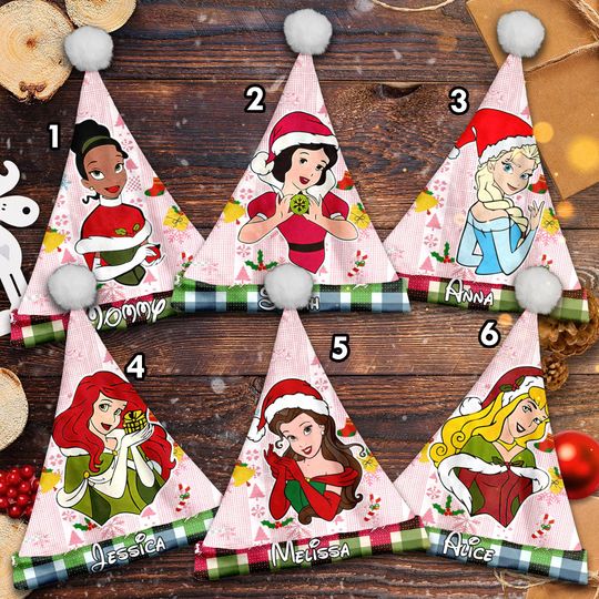Personalize Princess Characters Christmas Santa Hat, Princess Xmas Santa Hat, Custom Name Santa Claus Hat, Princess Cartoon Santa Hat Gift