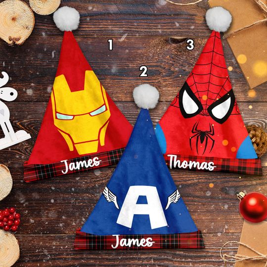 Personalize Superhero Movie Christmas Santa Hat, Iron Man Captain American Spiderman Xmas Santa Hat, Custom Name Santa Claus Hat