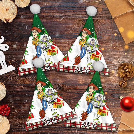Personalize Woody And Buzz Lightyear Christmas Santa Hat, Toy Story Xmas Santa Hat, Custom Name Santa Claus Hat, Toy Santa Hat Gift