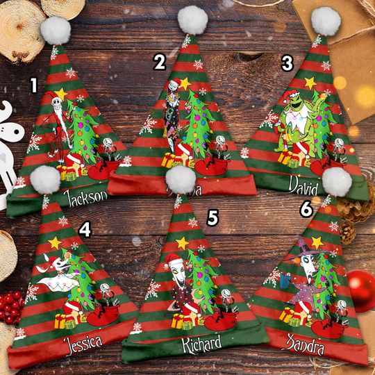 Personalize Ghost With Tree Christmas Santa Hat, Nightmare Before Xmas Santa Hat, Custom Name Santa Claus Hat, Ghost Santa Hat Gift