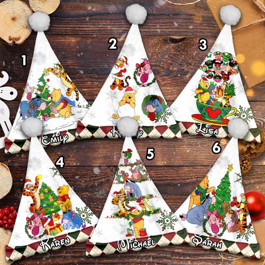 Personalized Pooh And Friends Christmas Santa Hat, Winnie The Pooh Xmas Santa Hat, Custom Name Santa Claus Hat, Pooh Santa Hat Gift