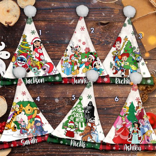 Personalize Mickey And Friends Christmas Santa Hat, Cartoon Movie Xmas Santa Hat, Custom Name Santa Claus Hat, Characters Santa Hat Gift