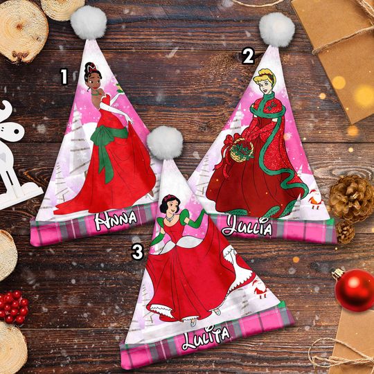 Personalize Princess Christmas Santa Hat, Tiana Cinde Snow White Xmas Santa Hat, Custom Name Santa Claus Hat, Princess Santa Hat