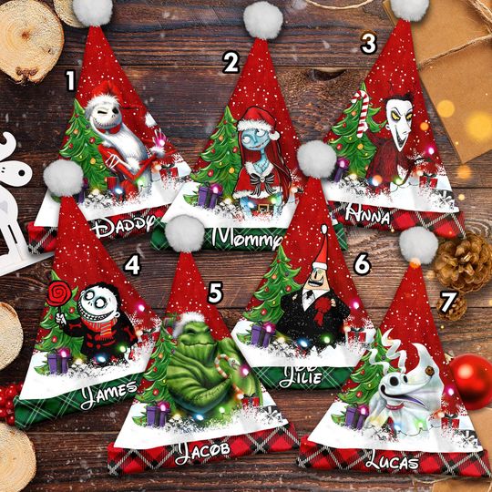 Personalize Horror Christmas Santa Hat, Nightmare Before Xmas Santa Hat, Custom Name Santa Claus Hat, Jack Sally Oogie Santa Hat