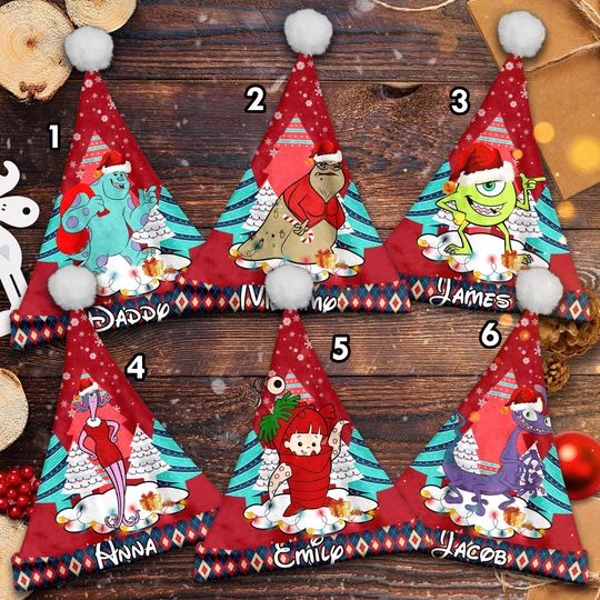 Personalize Monsters Inc Characters Christmas Santa Hat, Monsters Inc Xmas Santa Hat, Custom Name Santa Claus Hat, Monsters Santa Hat