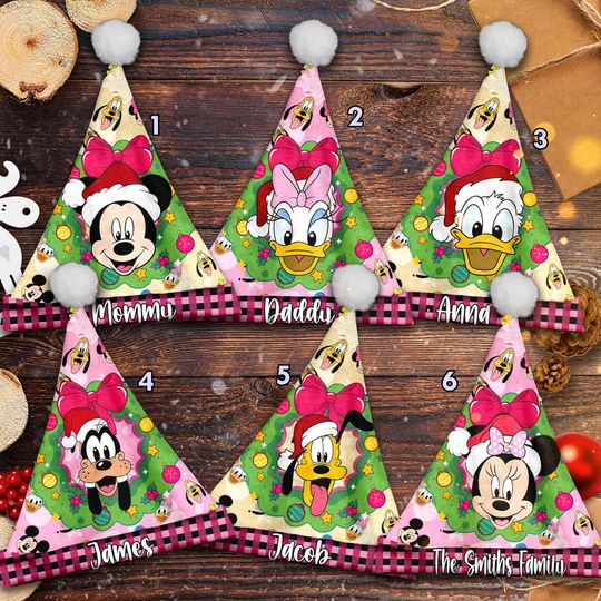 Personalized Mickey And Friends Head Christmas Santa Hat, Mickey Mouse Xmas Santa Hat, Custom Name Santa Claus Hat, Cartoon Santa Hat