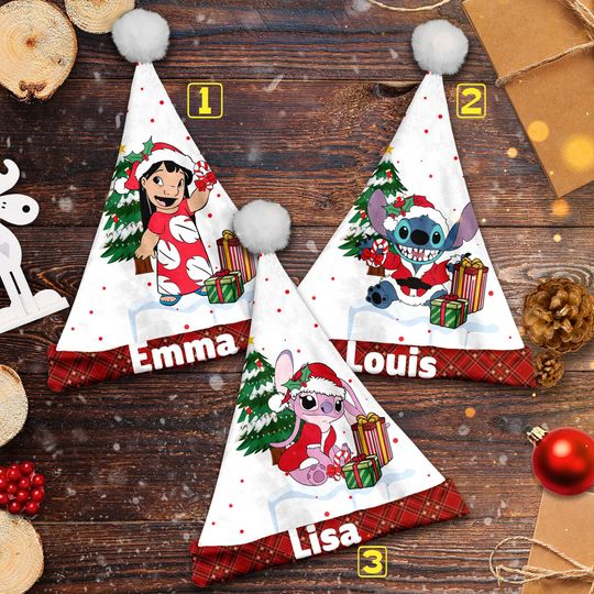 Personalize Lilo Stitch Christmas Santa Hat, Lilo Stitch Angel Xmas Santa Hat, Custom Name Santa Claus Hat, Lilo & Stitch Santa Hat Gift