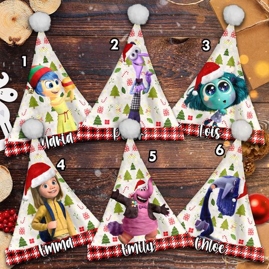Inside Out 2 Xmas Santa Hat, Anger Anxiety Disgust Christmas Hat, Joy Bing Bong Socks Home Decor, Custom Name Santa Claus Hat