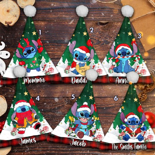 Personalize Cute Stitch Christmas Santa Hat, Lilo & Stitch Xmas Santa Hat, Custom Name Santa Claus Hat, Stitch Cartoon Santa Hat Gift