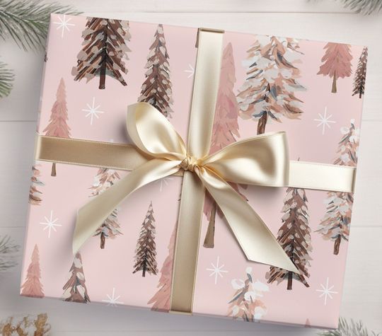 Pink Christmas Tree Wrapping Paper, Merry Christmas Wrapping Paper, Vintage Gift Wrap, Christmas gift wrap